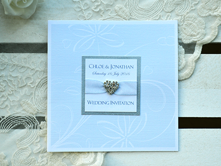 Louisa Invitation in grey with Panel, Ribbon and Diamante Heart